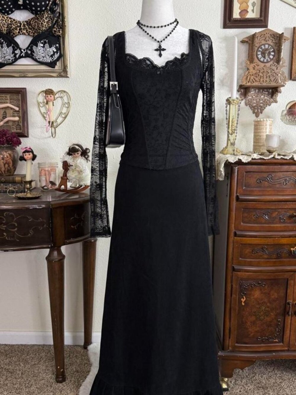 Vintage 90’s witchy romantic goth faux suede black maxi length skirt w ruffled b